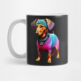 Cute Dachshund in Colorful Handmade Knitted Clothes and Headband Mug